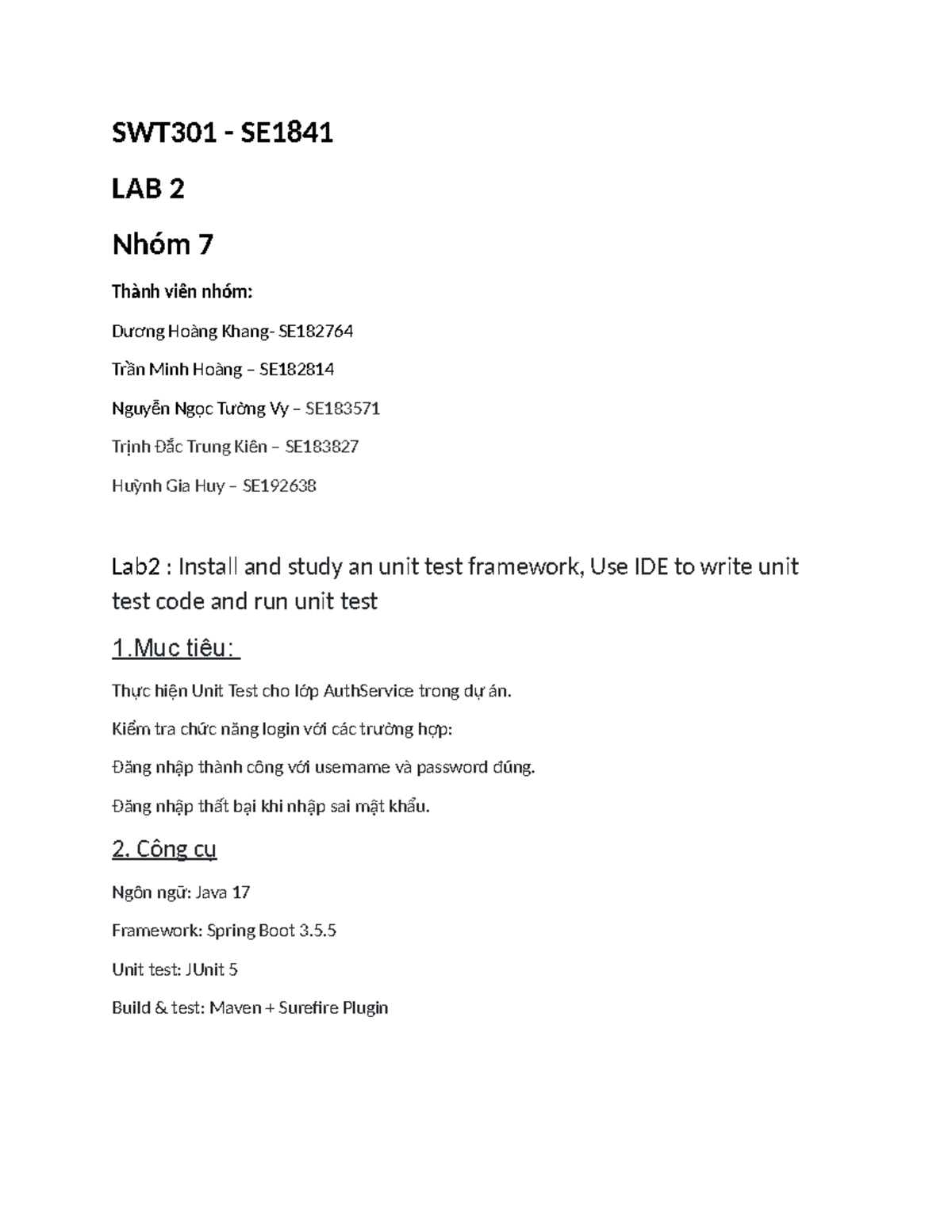LAB 2: Unit Testing AuthService in SWT301 SE1841 - Studocu