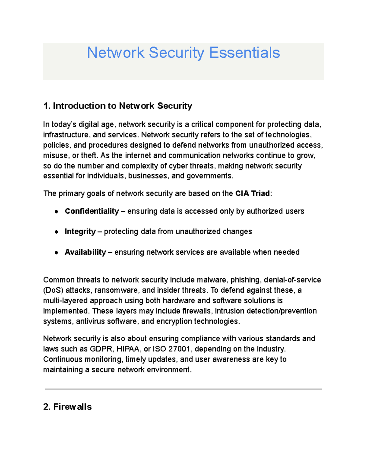 Network Security Essentials: Key Concepts and Defense Strategies - Studocu