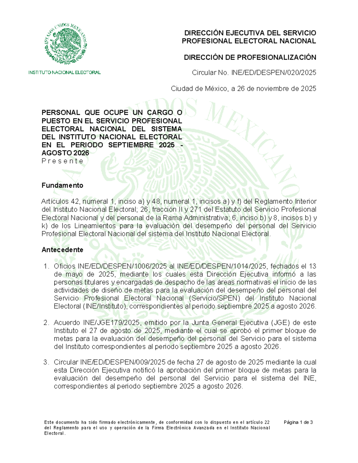 Circular INE ED Despen 020: Metas Evaluación Desempeño 2025-2026 - Studocu
