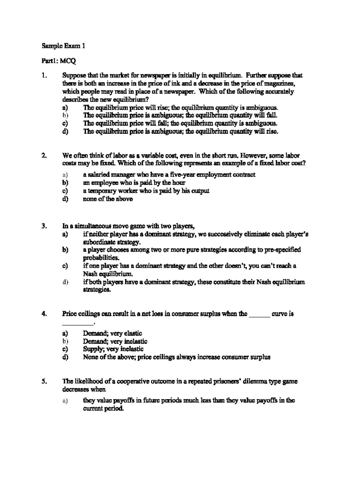 Sample exam 1 part 1: MCQs and structured questions on economics - Studocu