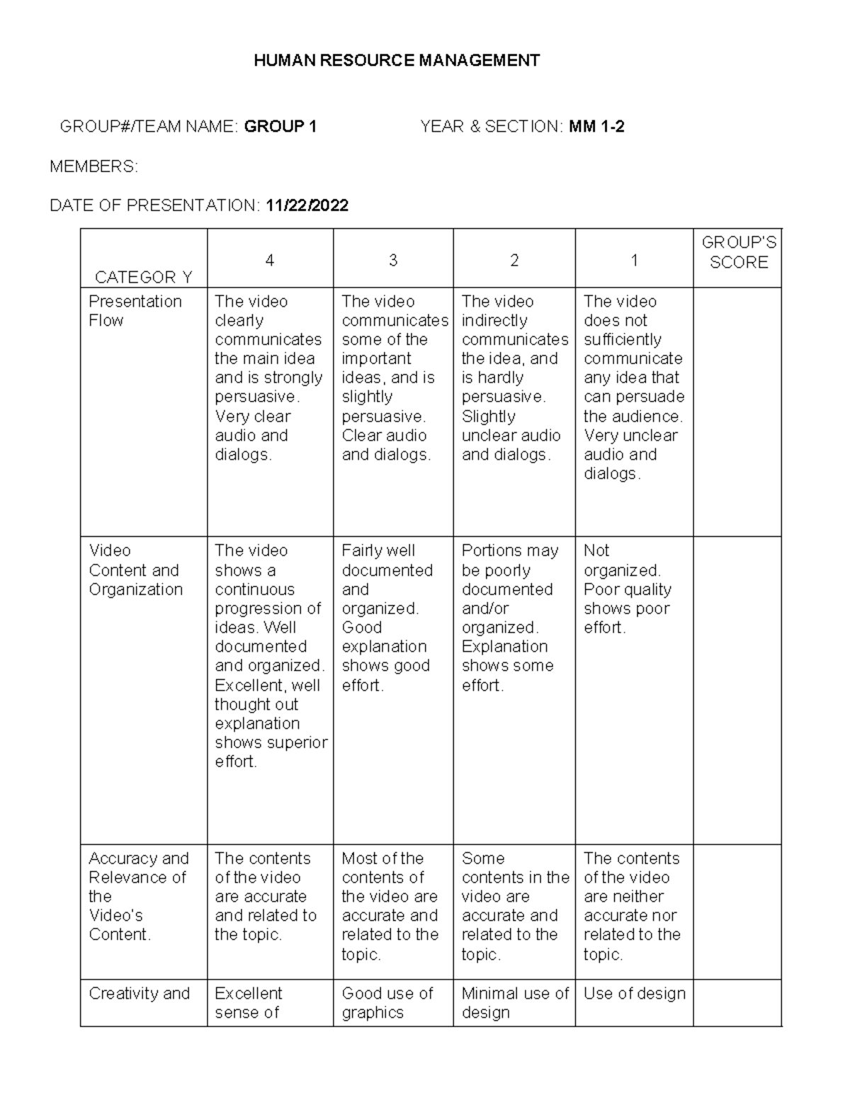 MM1 Video Activity Rubrics for Group 1 Presentation Evaluation - Studocu