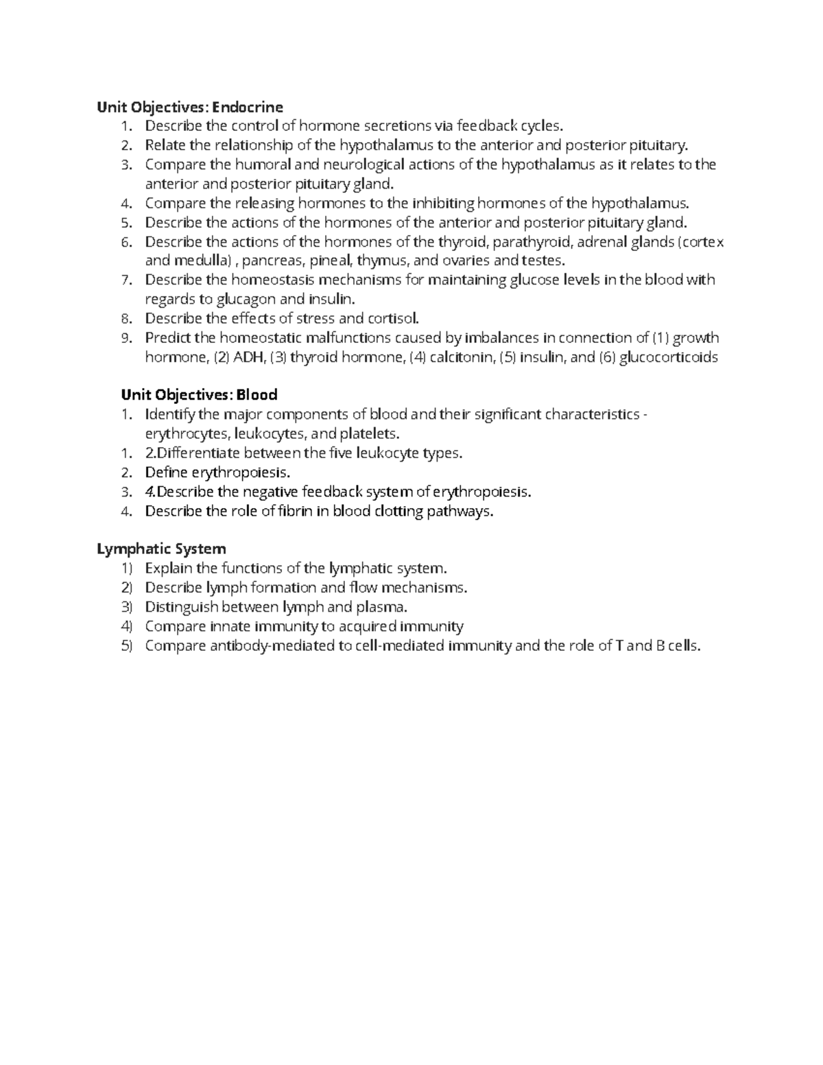 Unit Objectives for Endocrine, Blood, and Lymphatic Systems - Unit ...