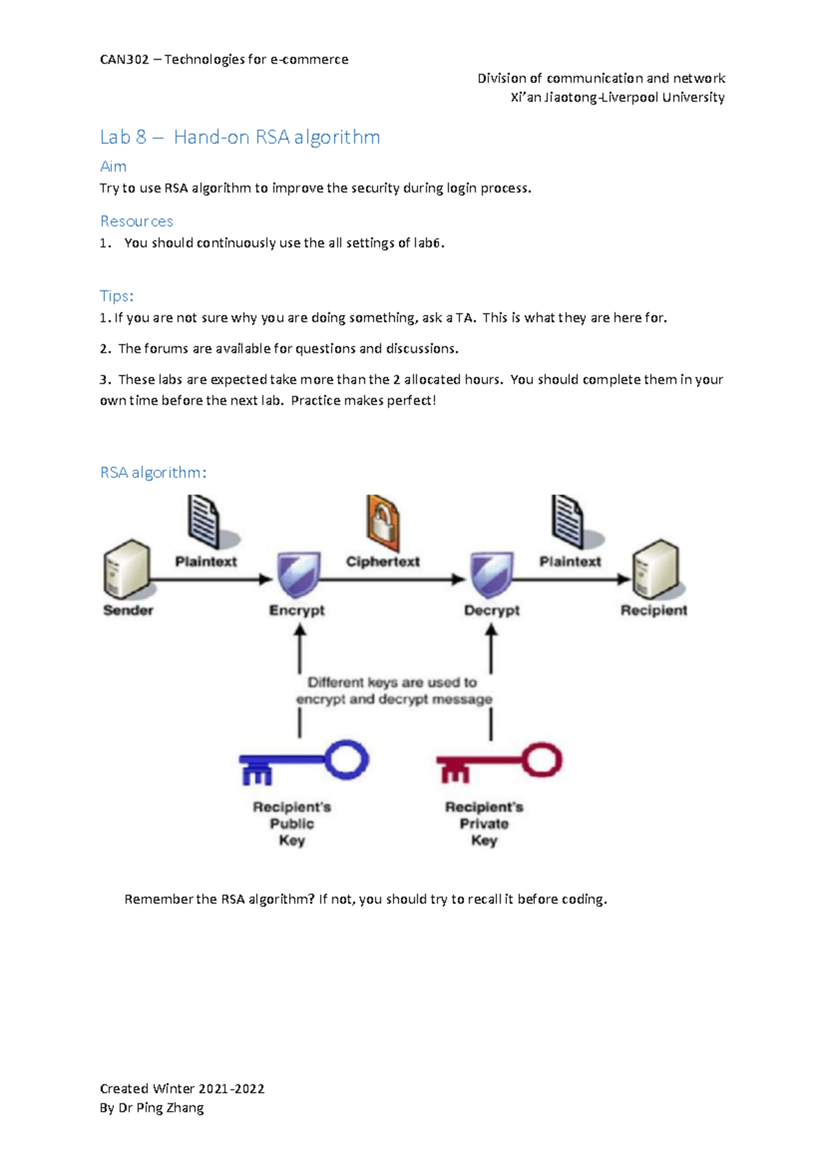 Lab 8 - RSA Algorithm for Secure Login in CAN302 E-commerce Class - Studocu