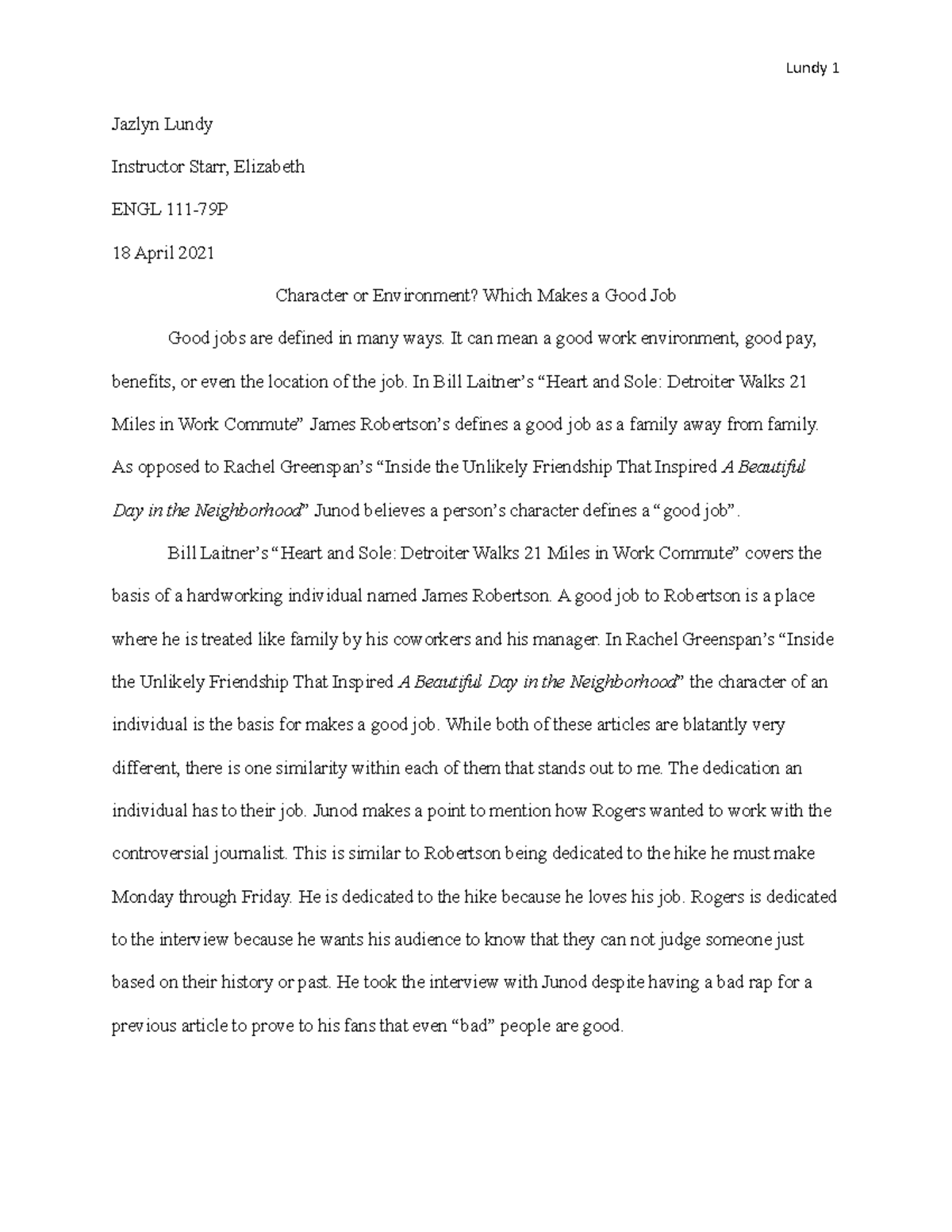 ENGL 111-79P Comparative Analysis Half Draft: Character vs. Environment ...