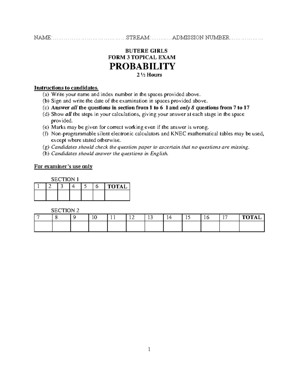 MJ Probability Topical Exam - Butere Girls Form 3 (2.5 Hours) - Studocu