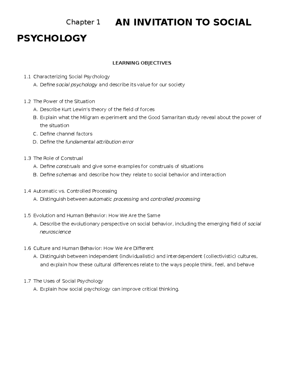 PHYC2120 test bank - document - Chapter 1 AN INVITATION TO SOCIAL ...