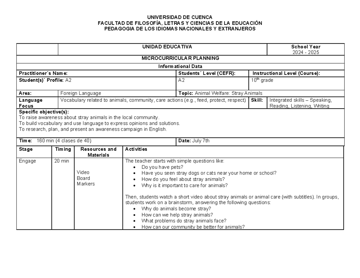 CBL Lesson Plan: A2 Level on Stray Animals Awareness (10th Grade) - Studocu