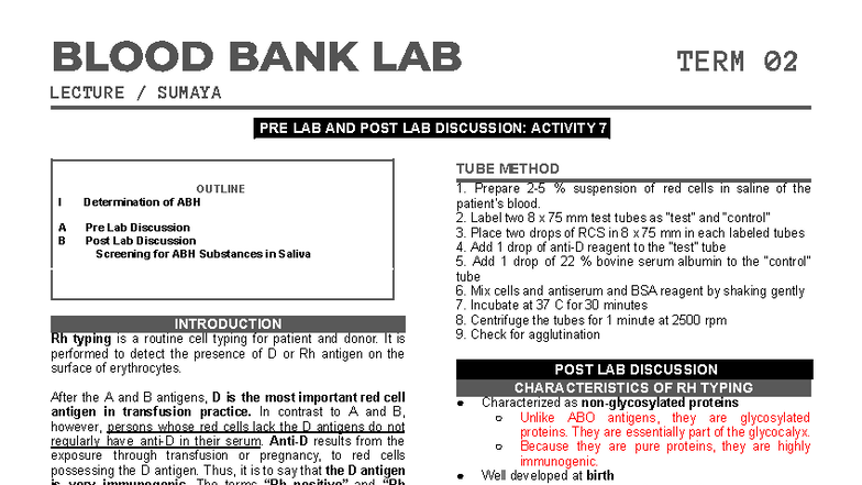 BMLS2 TERM 02 LECTURE: Rh Typing Pre & Post Lab Discussion - Studocu