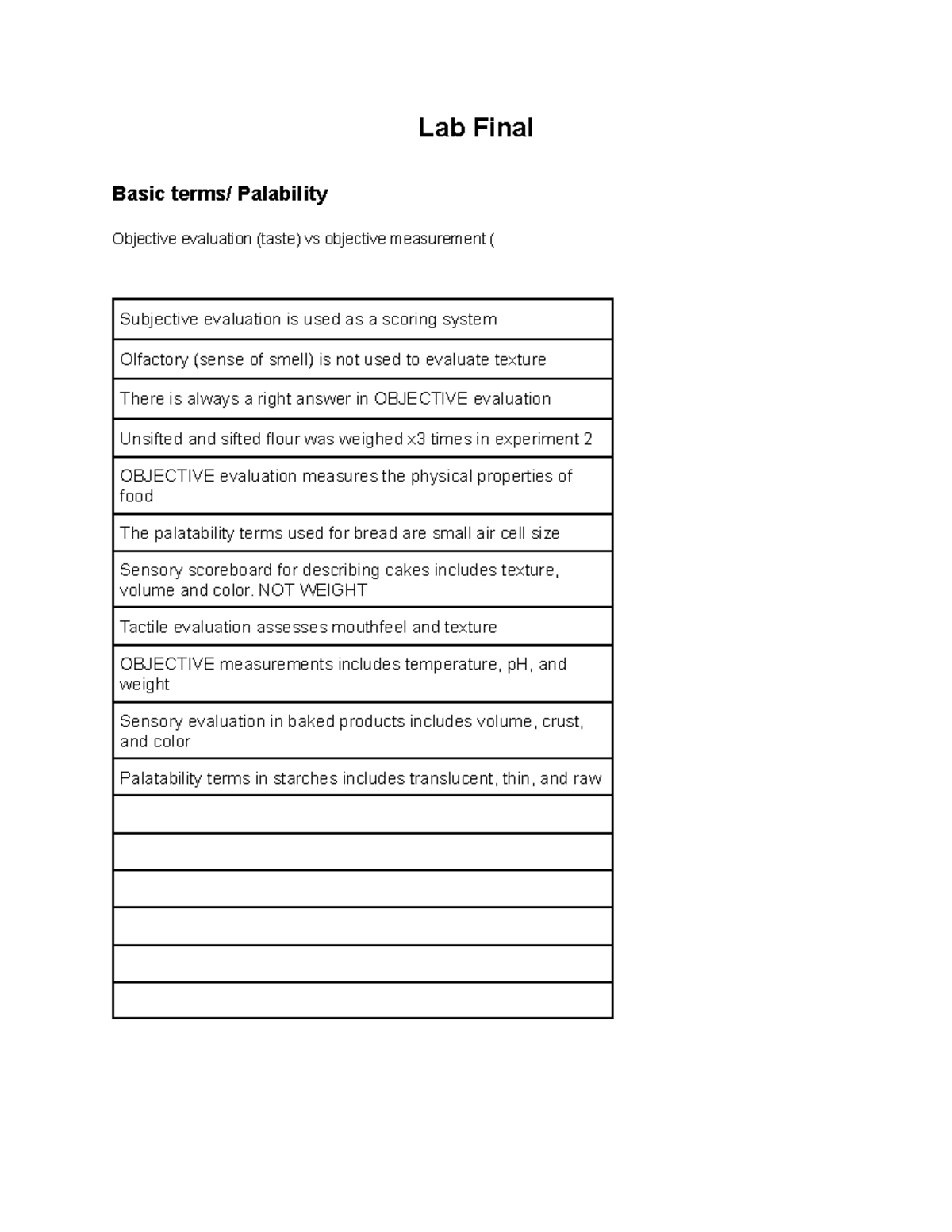 Lab Final: Sensory Evaluation and Food Preparation - Studocu