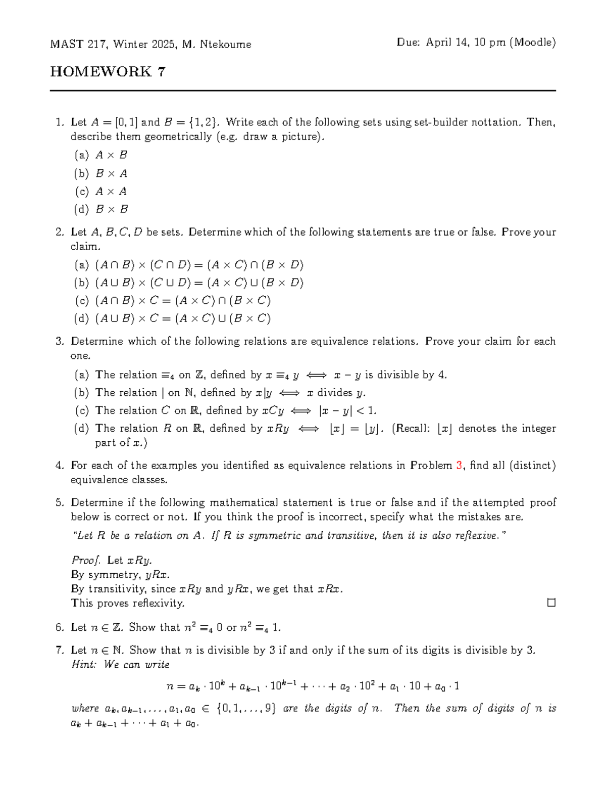 Mast 217 winter 2025 homework 7: Set operations and relations - Studocu