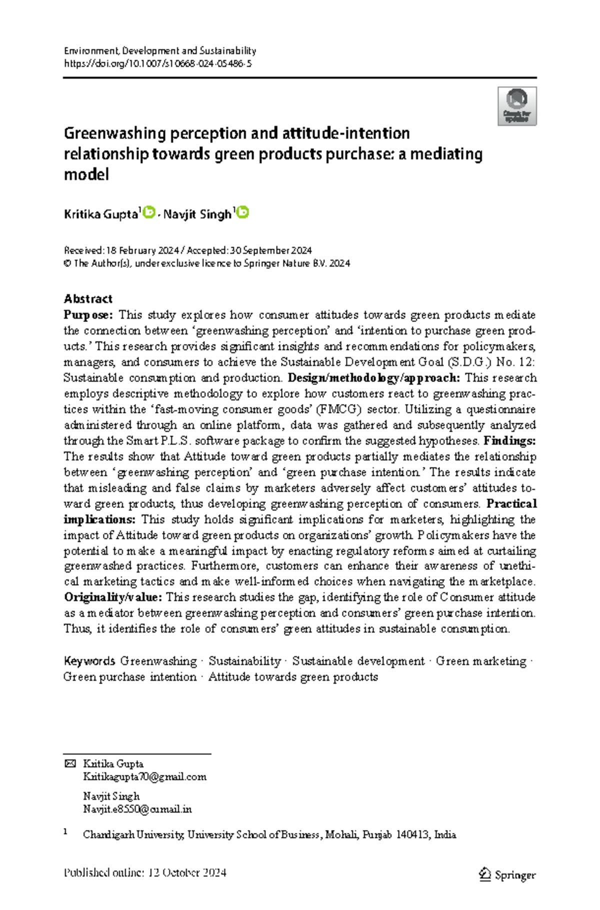 2024 ENV 101 Greenwashing Perception & Attitude-Intention Model - Studocu