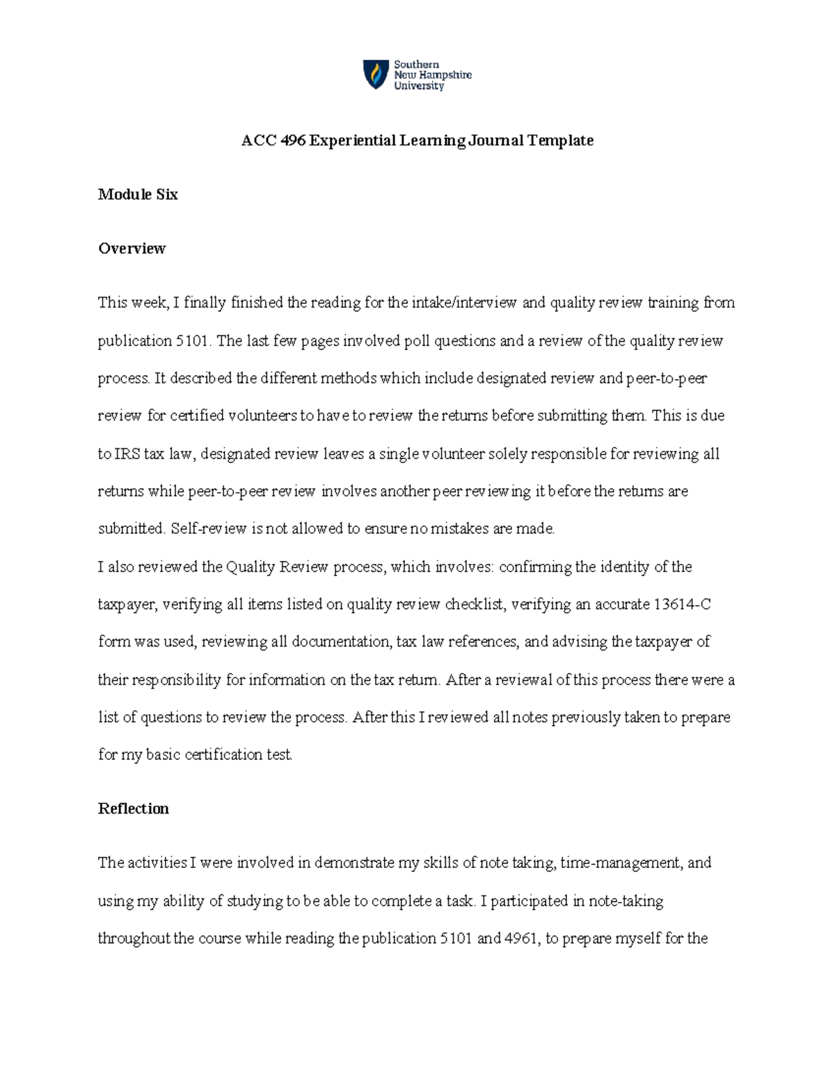 Acc 496 Experiential Learning Journal Module Six Reflection Studocu