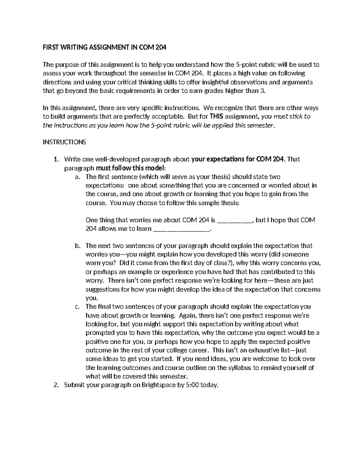 COM 204 First Writing Assignment: Expectations and Growth - Studocu