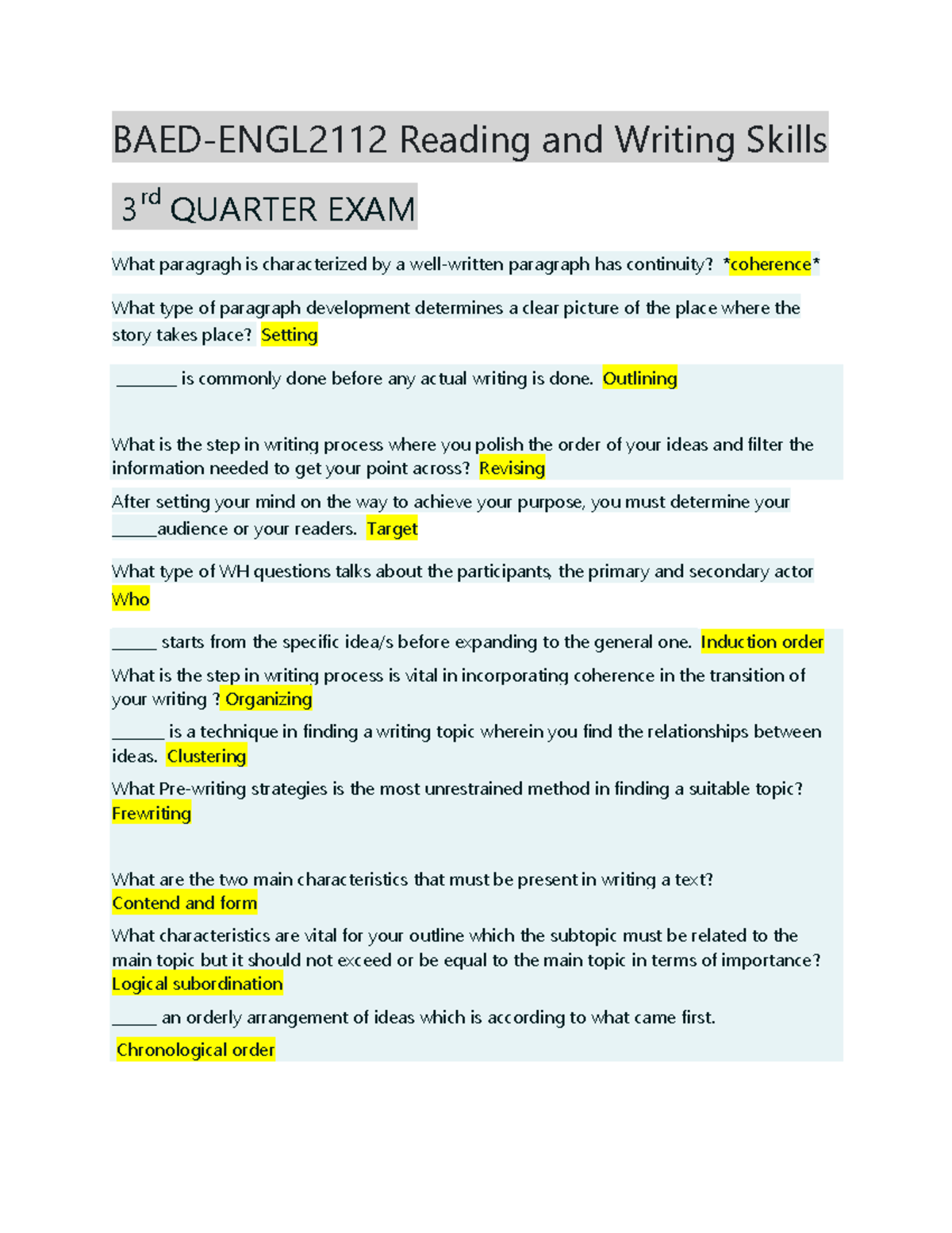 BAED-ENGL2112 Final Exam Review: Reading & Writing Skills - Studocu