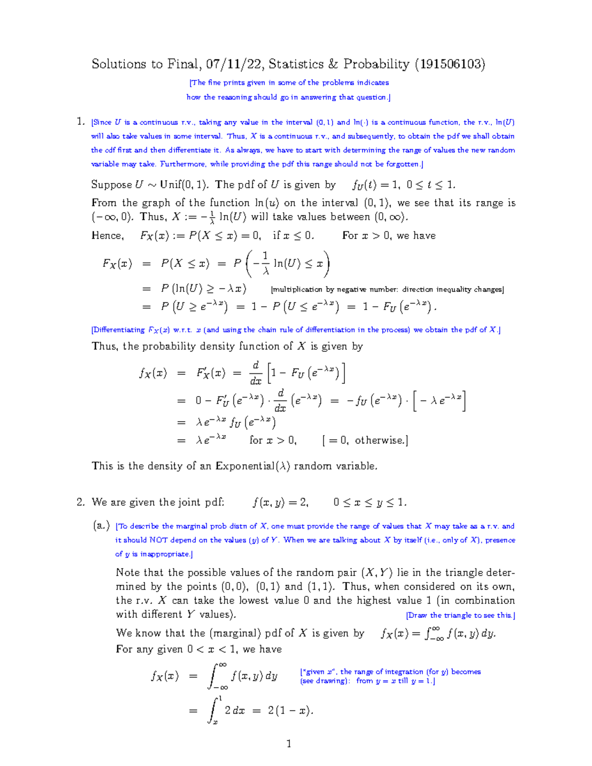 Final Solutions to Statistics & Probability Exam (191506103) - 2022 ...