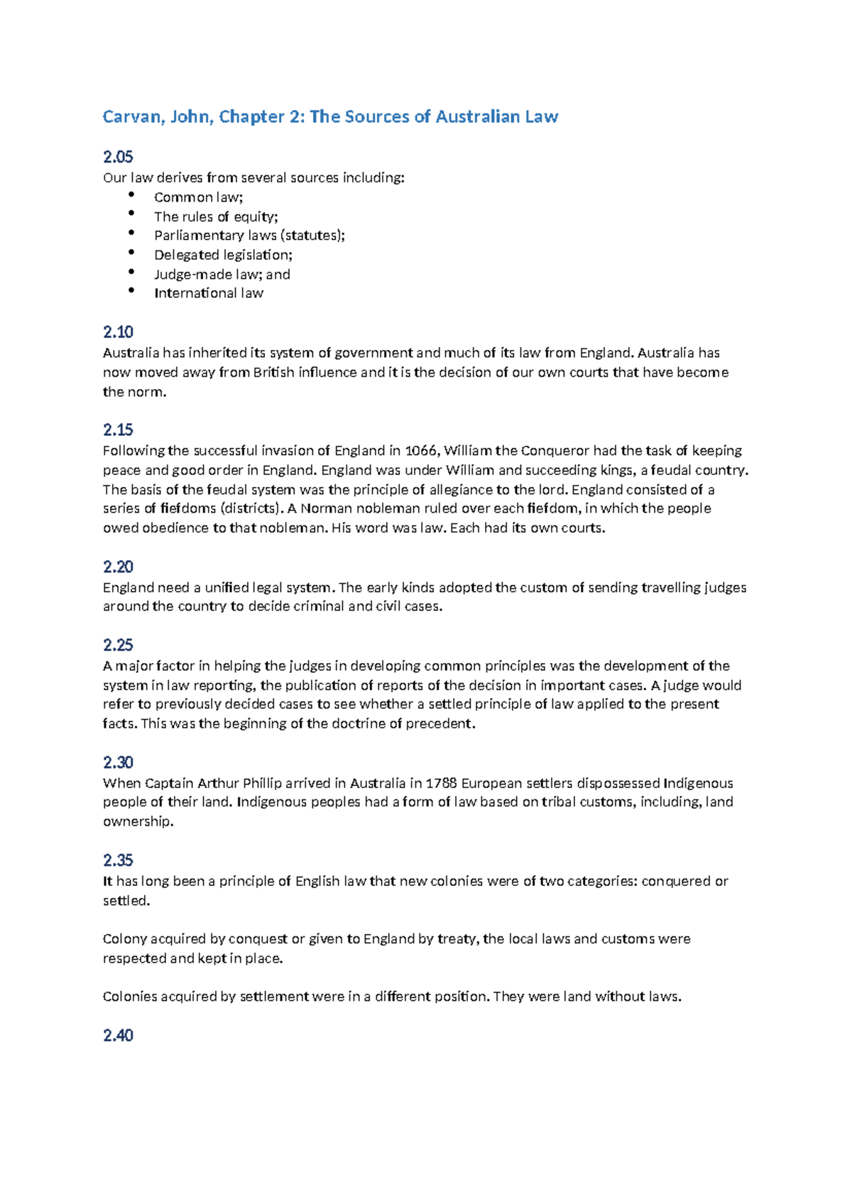 LLB101 Week 1 Reading Notes - Carvan, John, Chapter 2: The Sources of ...
