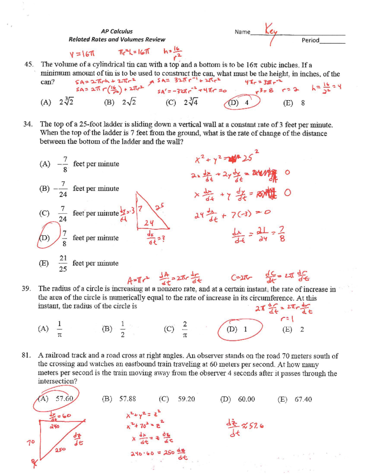 Related rates answer key 2014 - AP Calculus Name le Related Rates and ...