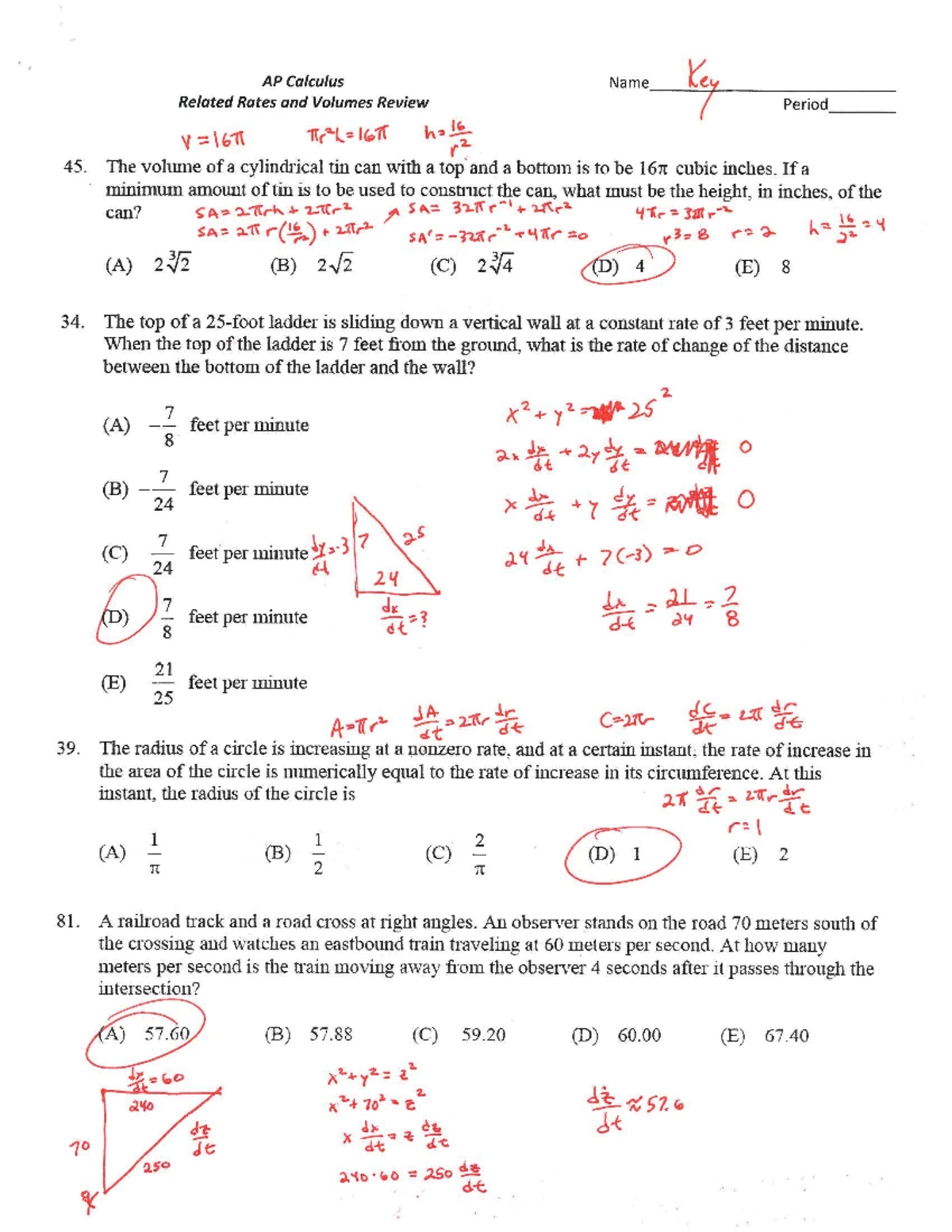 Related rates answer key 2014 - AP Calculus Name le Related Rates and ...