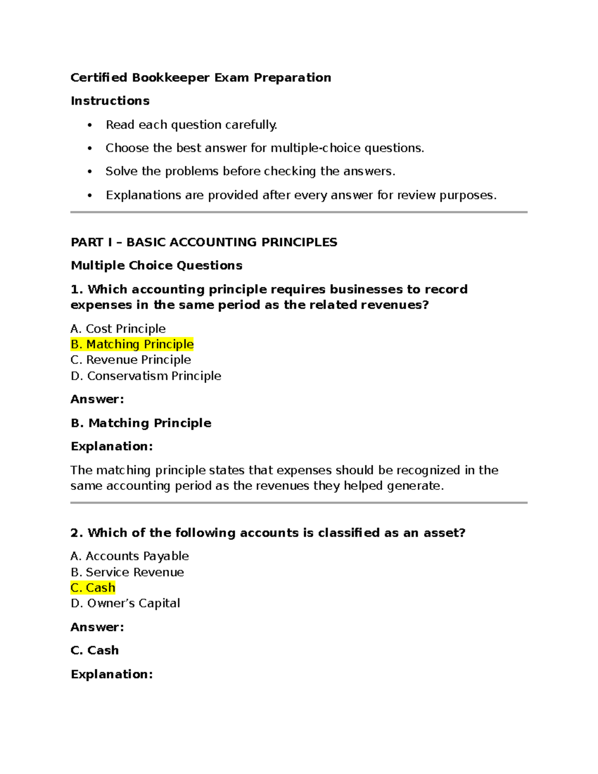 Certified Bookkeeper Exam Prep: Key Concepts &amp; Practice Questions - Studocu