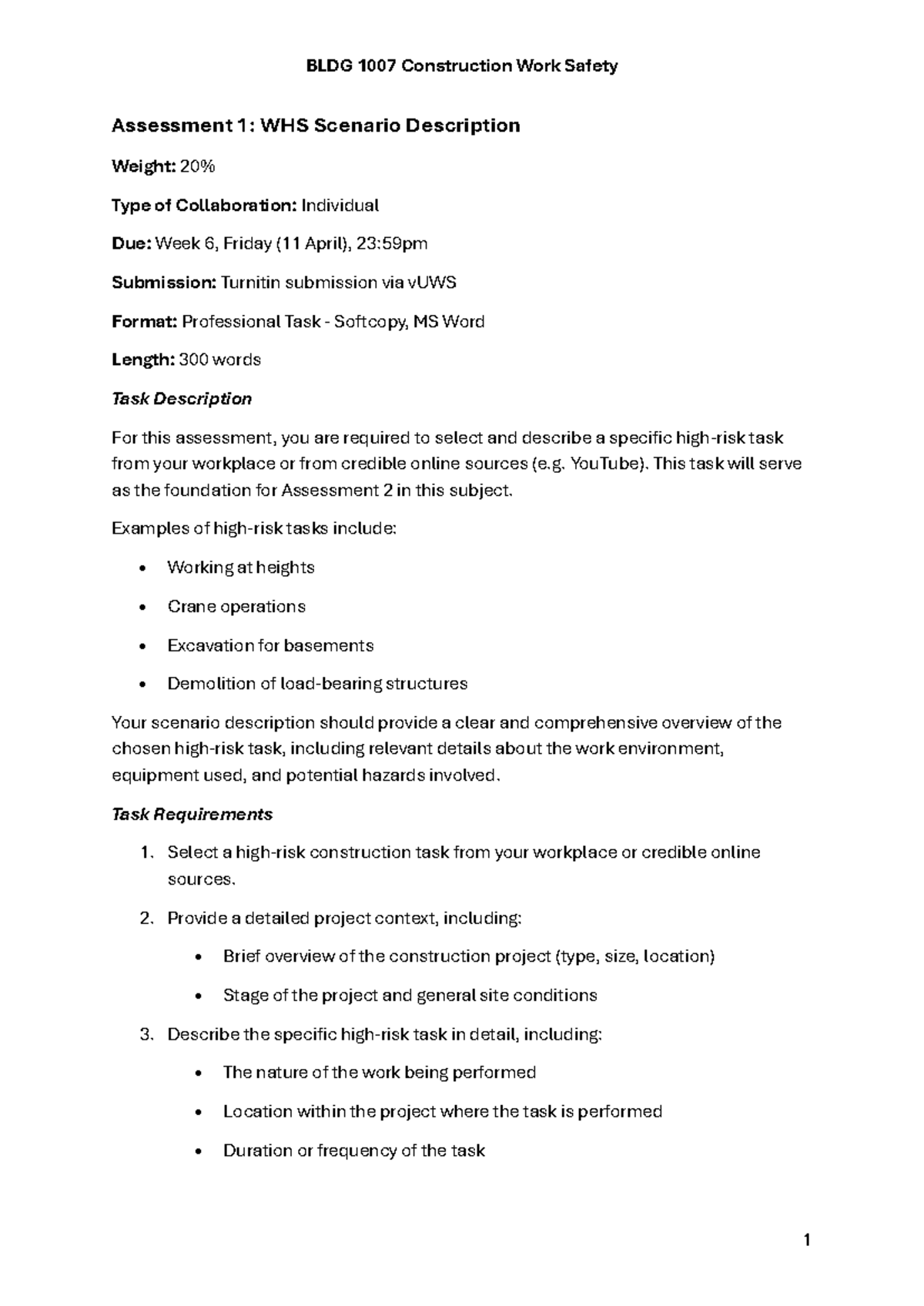 WHS Assessment 1: High-Risk Task Description & Guidelines 2025 - Studocu