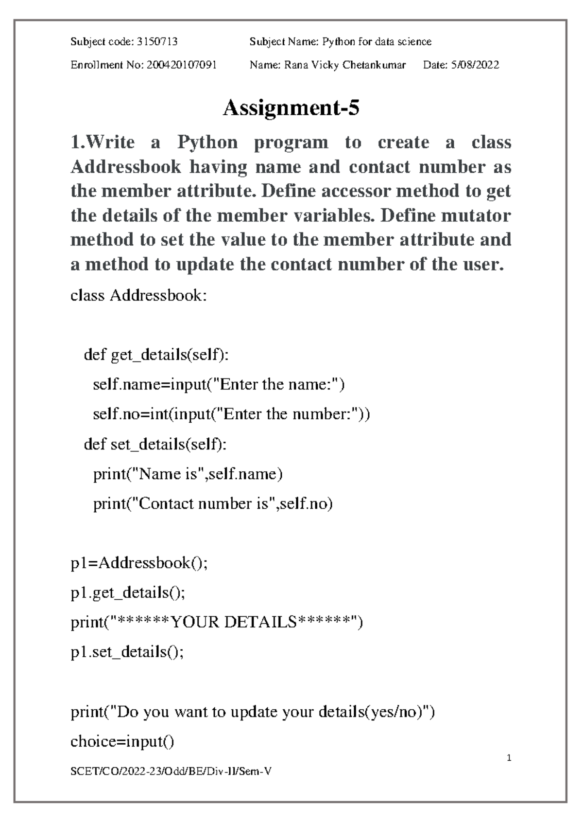 PDS Assignment 5: Python Class Implementations and Examples - Studocu