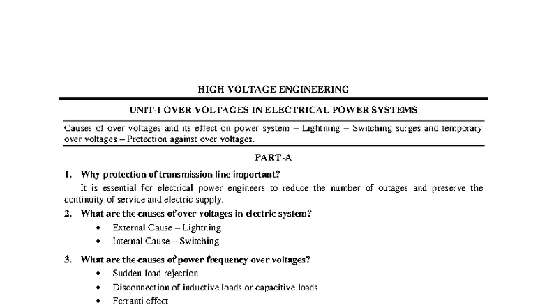 High Voltage Engineering (EE-301): Overvoltages in Power Systems - Studocu