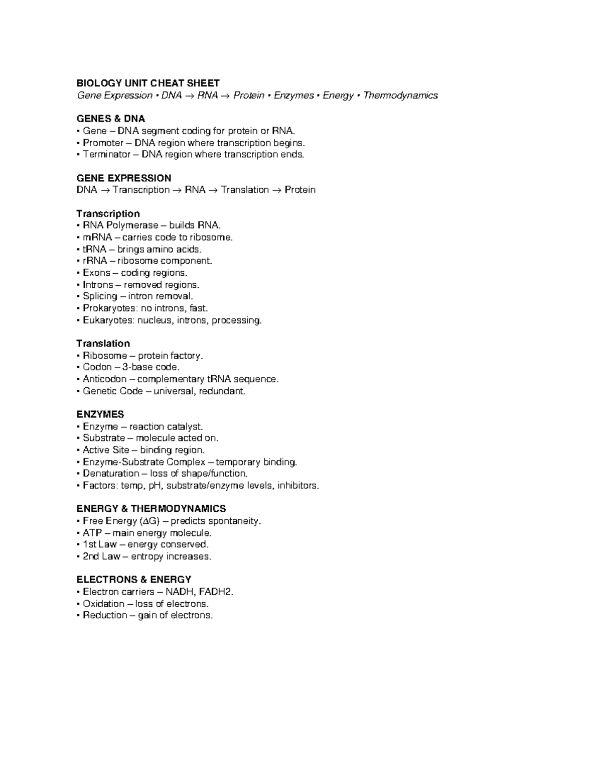 BIO 101 Final Exam Cheat Sheet: Gene Expression & Enzymes - Studocu
