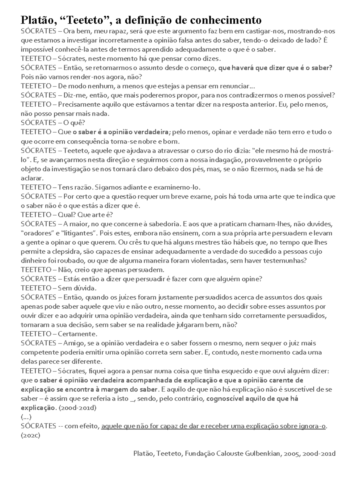 Platão e a Definição de Conhecimento: Análise do Teeteto - Studocu