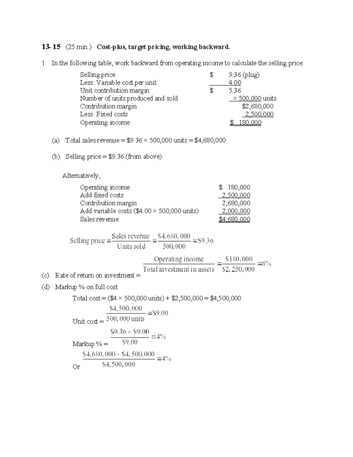 Chapter 13 In-Class Problem Solutions: Target Pricing & Cost Analysis ...