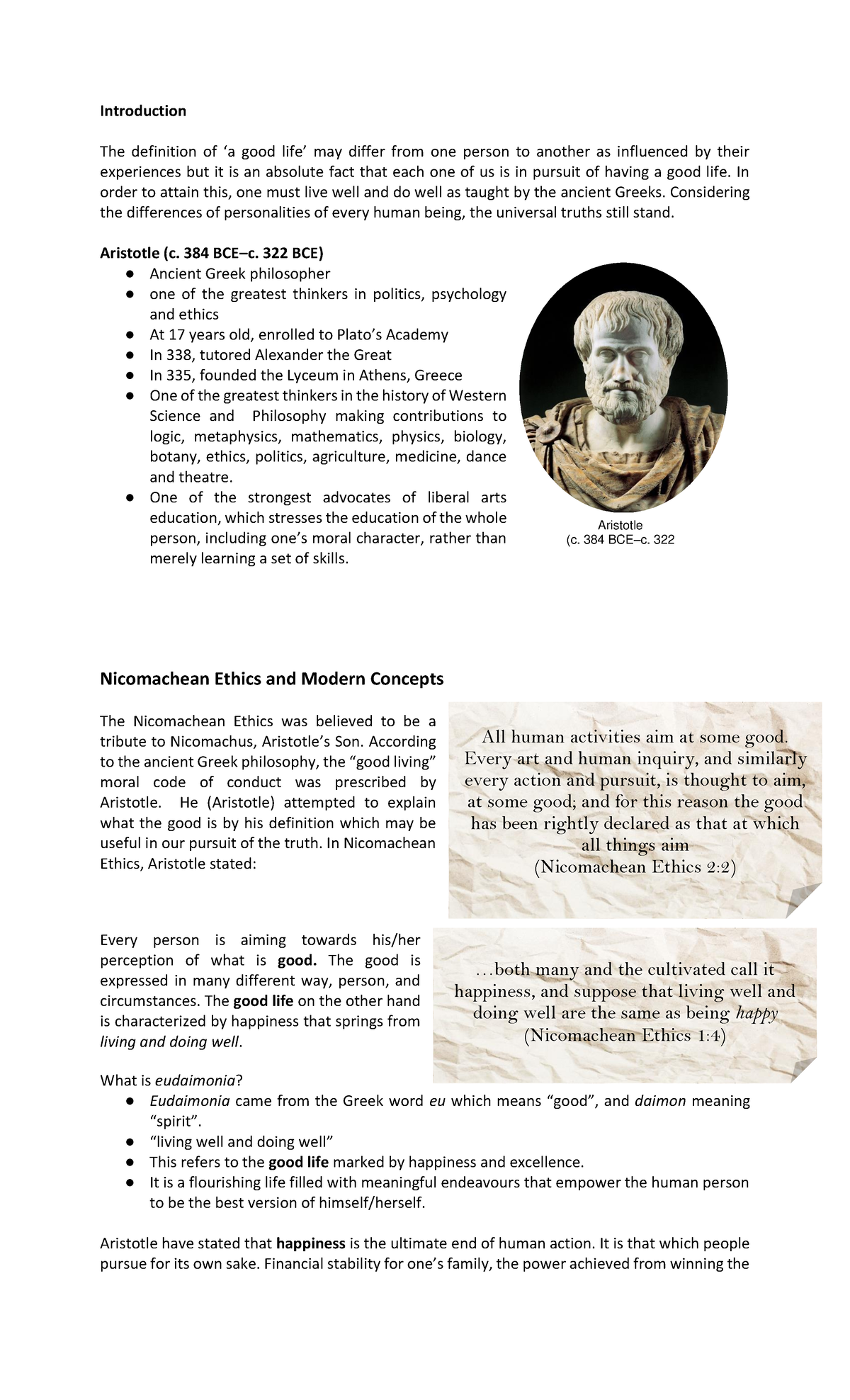 Module 4 - Notes on Aristotle's Ethics and the Pursuit of Good Life ...