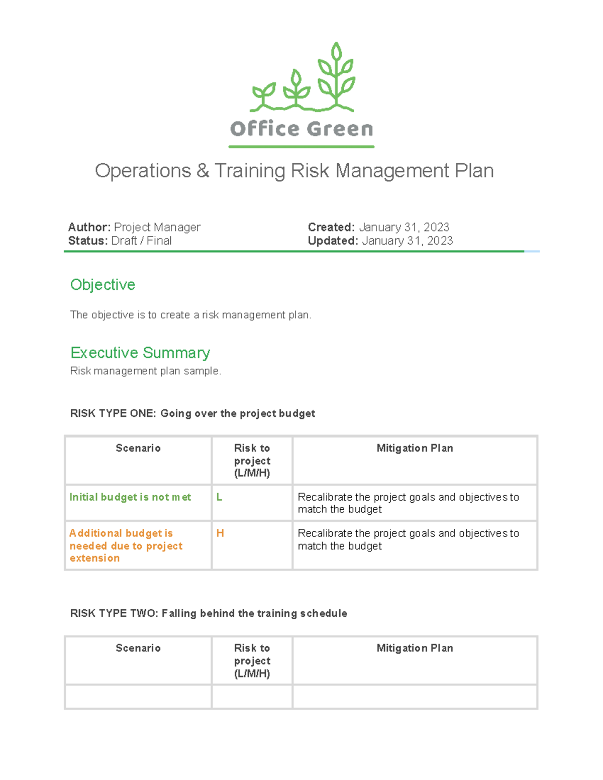 Activity Template Risk management plan - Operations & Training Risk ...