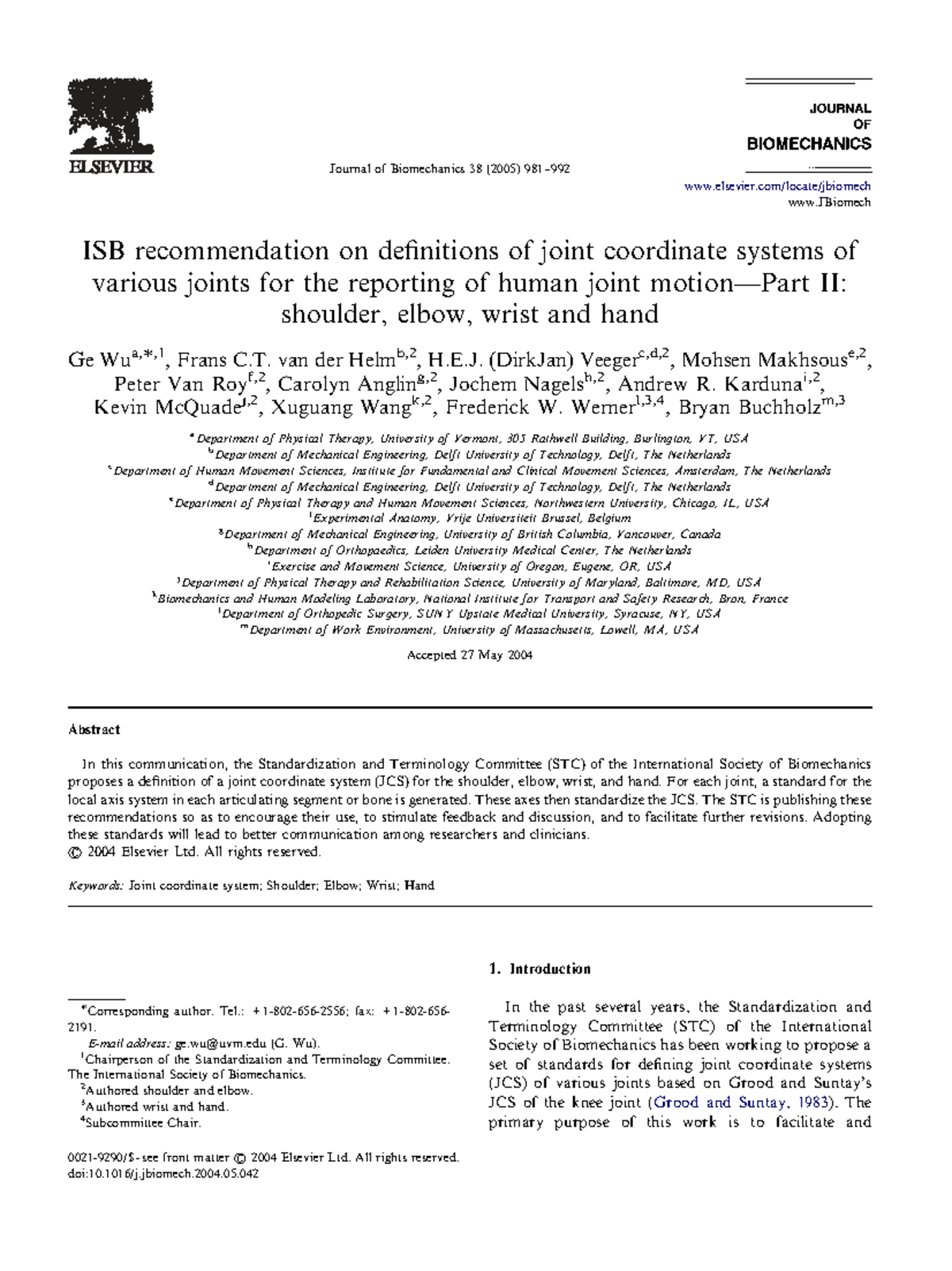 ISB Standard for Joint Coordinate Systems: Shoulder, Elbow, Wrist, Hand ...