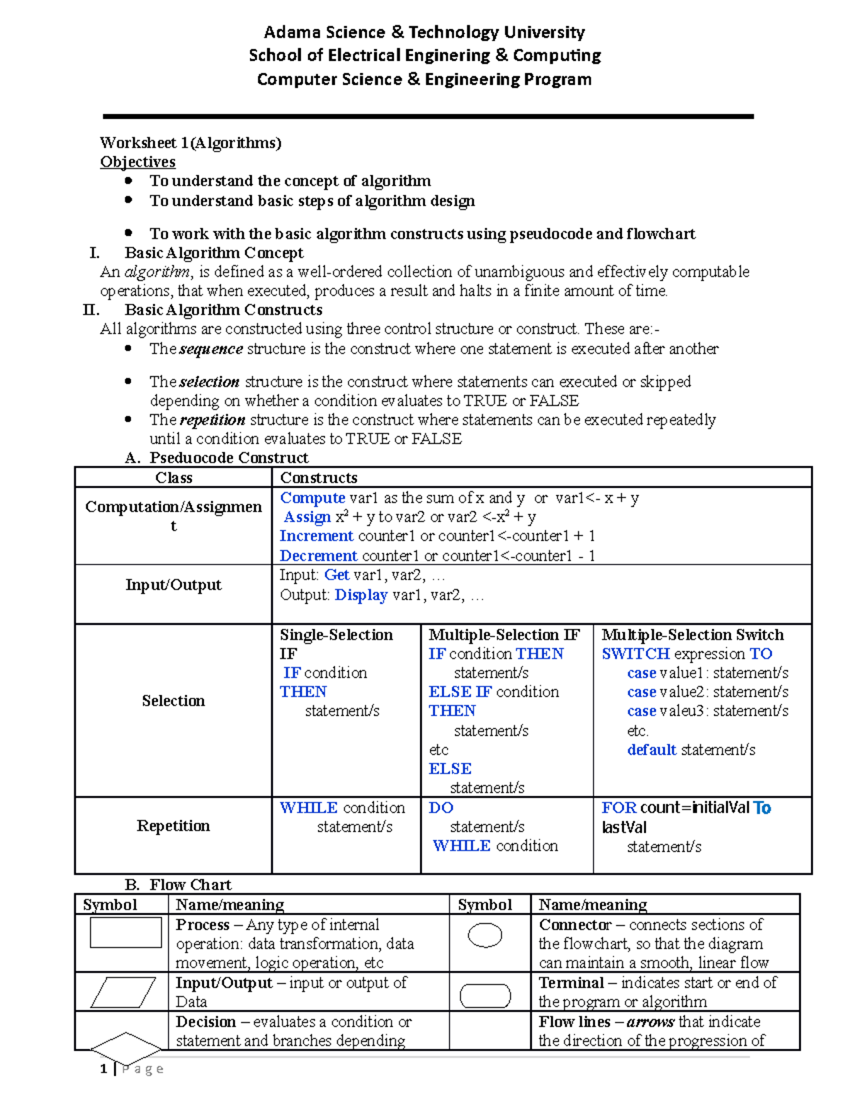 C++ Worksheet - Lecture Notes on Algorithms & Flowcharts - Studocu