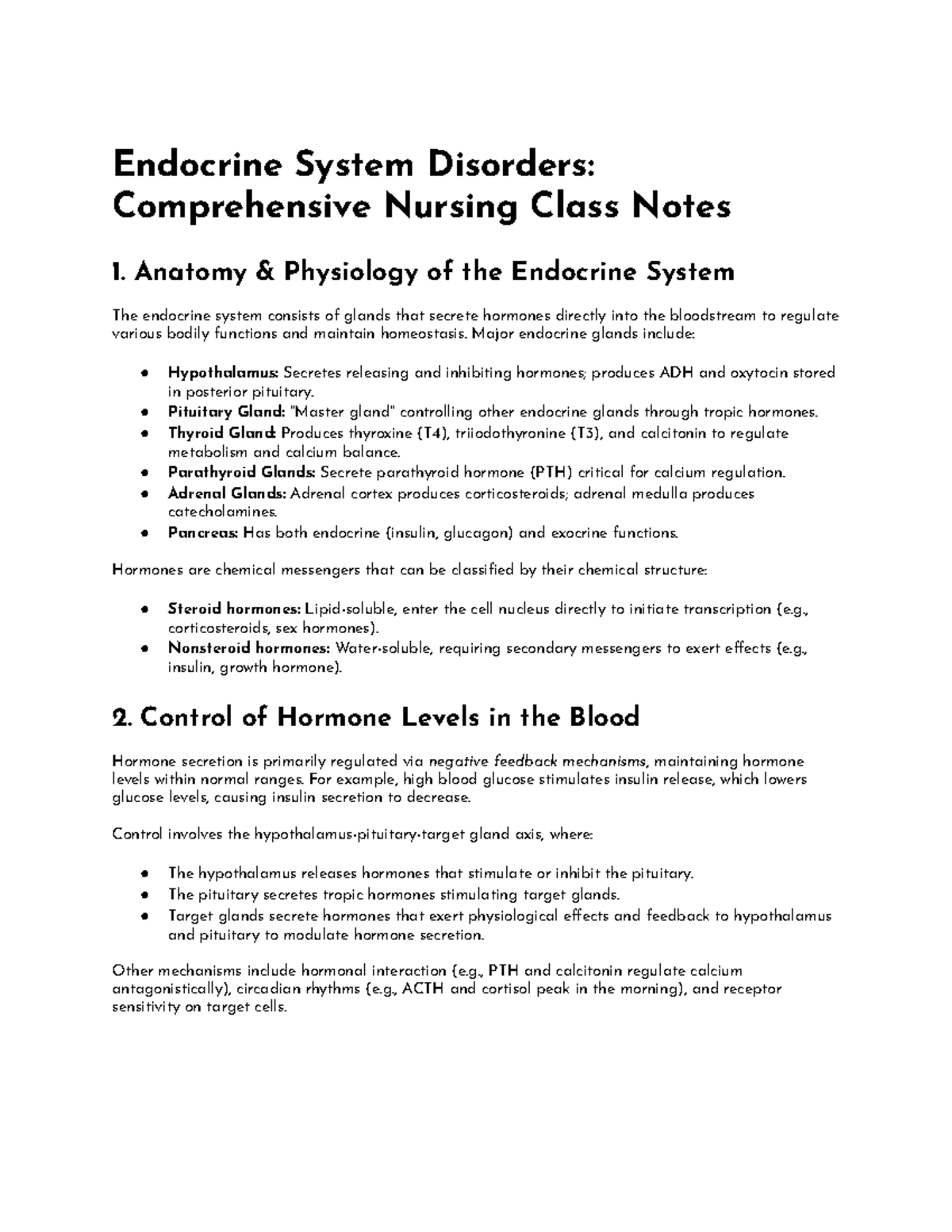 Endocrine System Disorders: Comprehensive Nursing Class Notes - Studocu