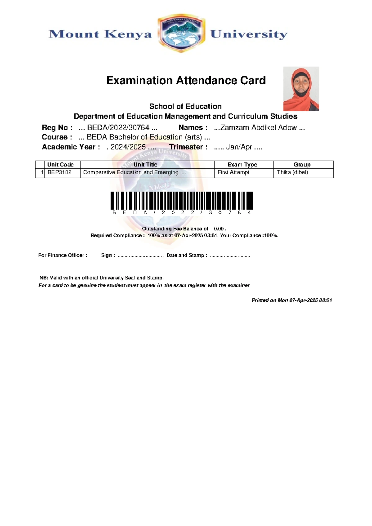 Exam Card BEDA 2022 30764 2025Apr07-1 - Examination Attendance Card ...