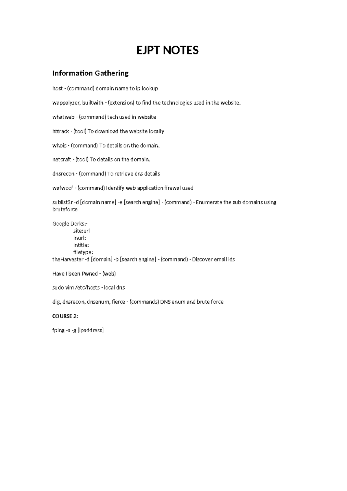 Ejpt notes- don't use - EJPT NOTES Information Gathering host ...