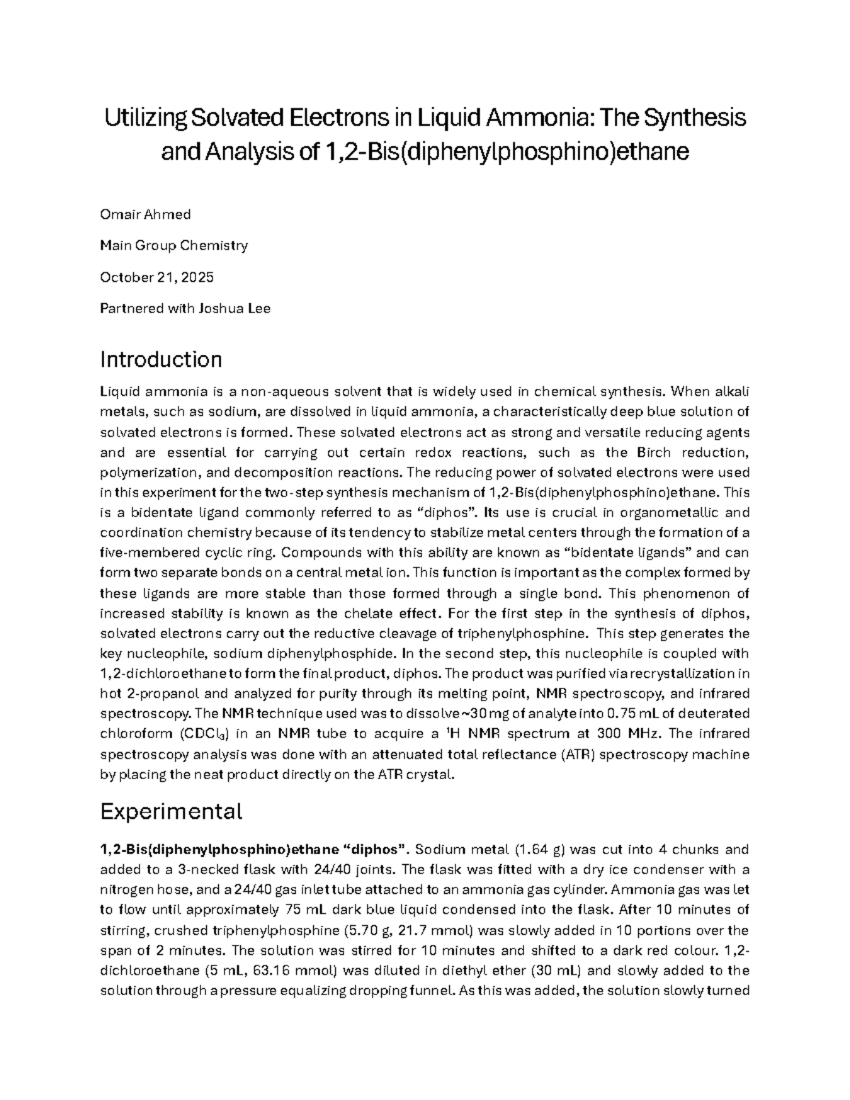 Exp 3 Report: Synthesis of Diphos Using Solvated Electrons in Liquid ...