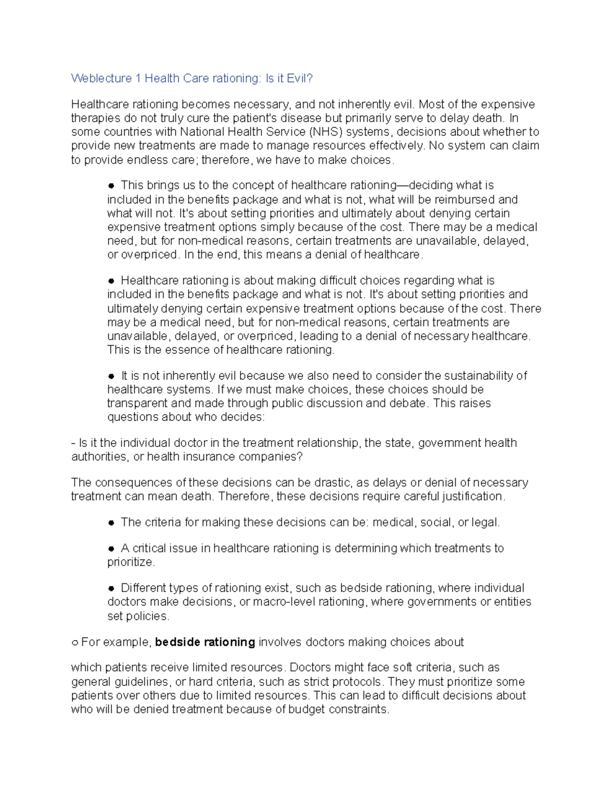 Weblecture 1: The Ethics and Impact of Health Care Rationing - Studeersnel