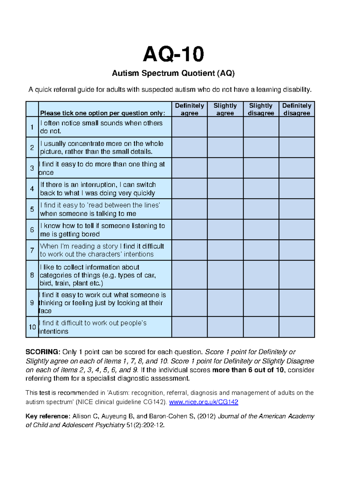 AQ10 Screening Test: Quick Referral Guide for Adults with Suspected ...