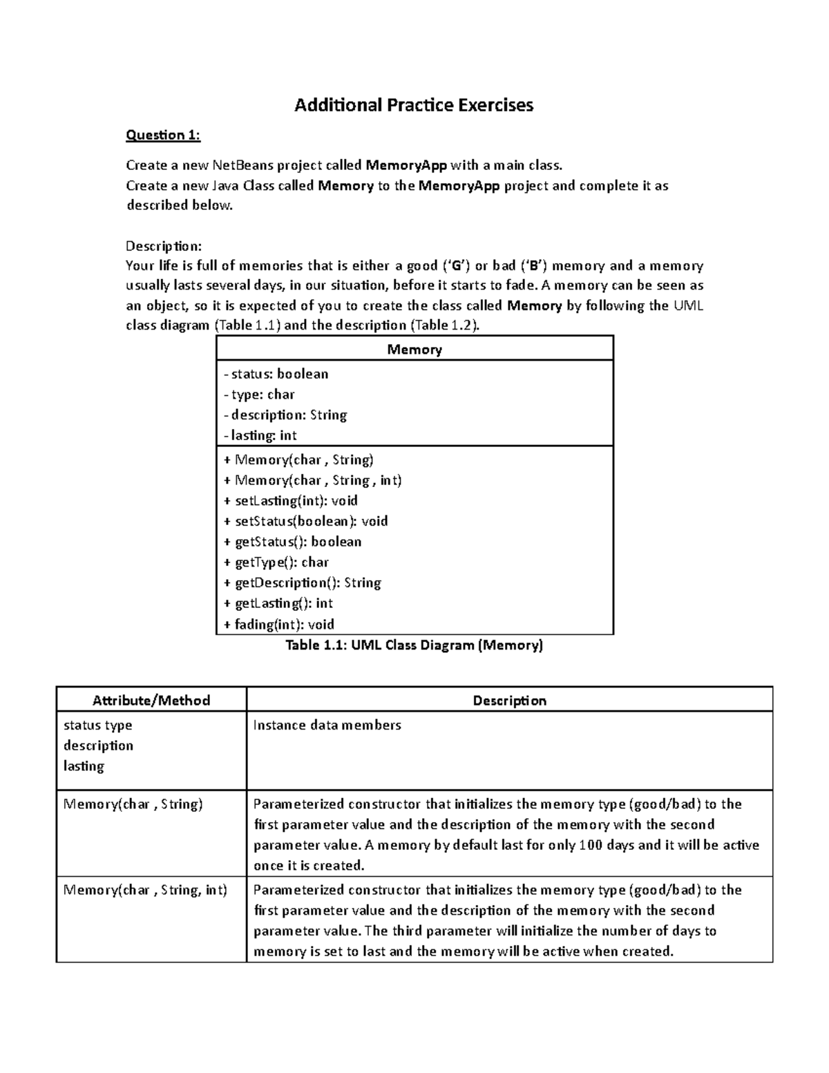 OOP 101: Memory Class Implementation Exercise 1 - Studocu