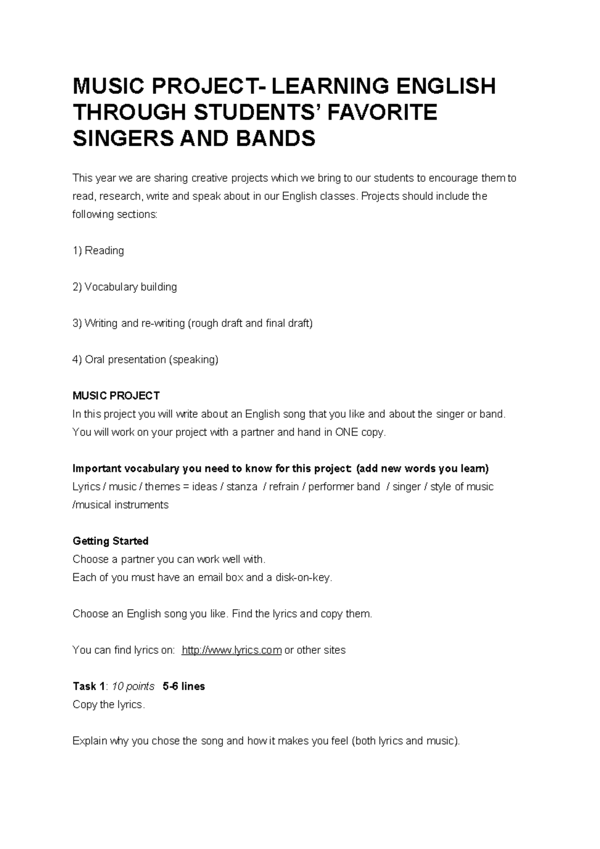 Music Project - Learning English Through Favorite Singers/Bands ...