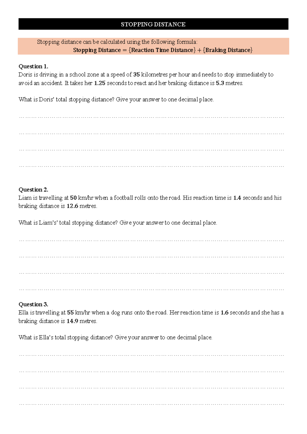Stopping Distance Calculations (Worksheet) - Studocu