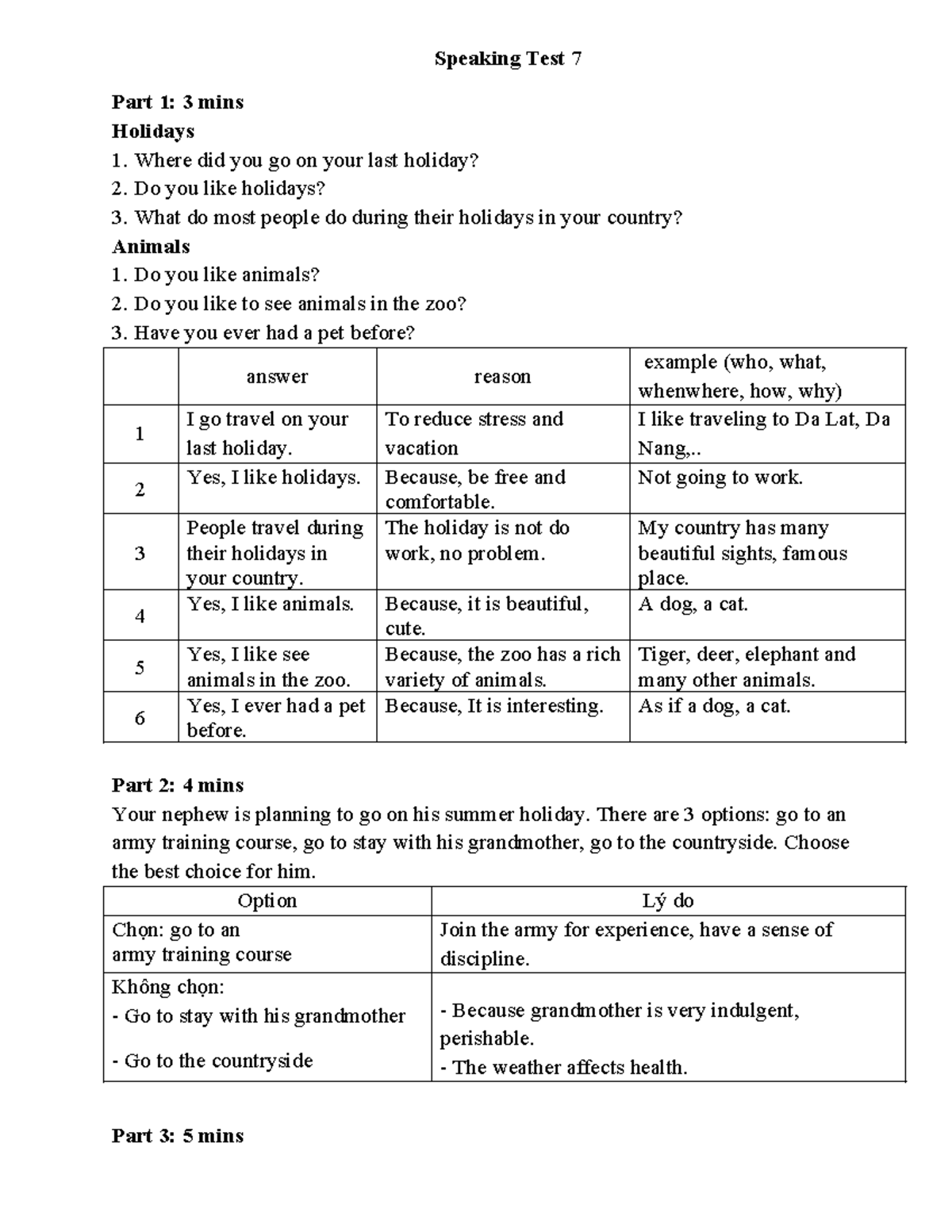Speaking Test 7: Holiday & Animal Discussion Guide - Studocu