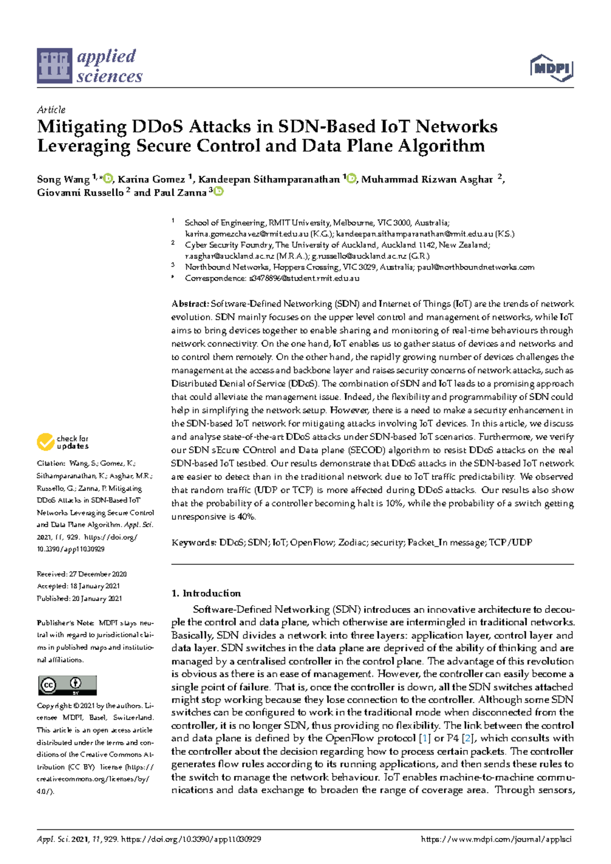 Mitigating DDoS Attacks in SDN-Based IoT Networks: A Study on SECOD ...