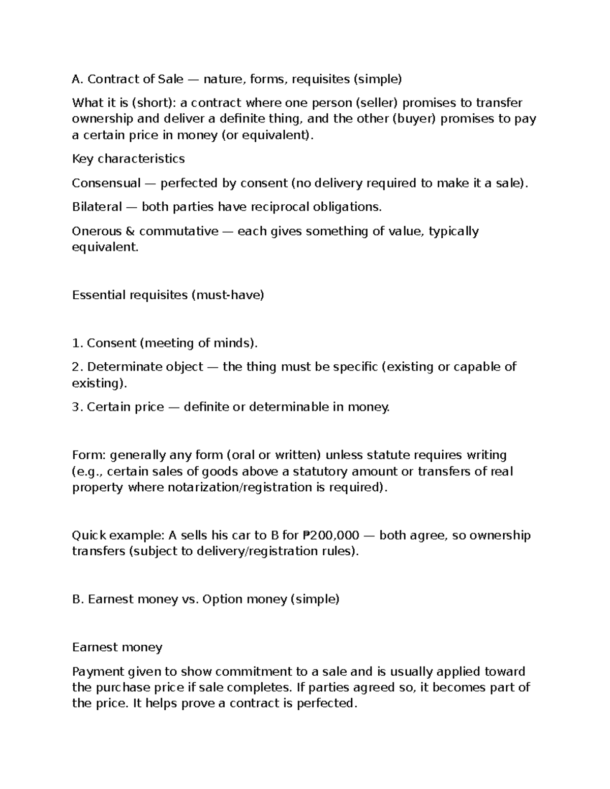 LAW 13: Contract of Sale Overview and Key Concepts (RFBT) - Studocu