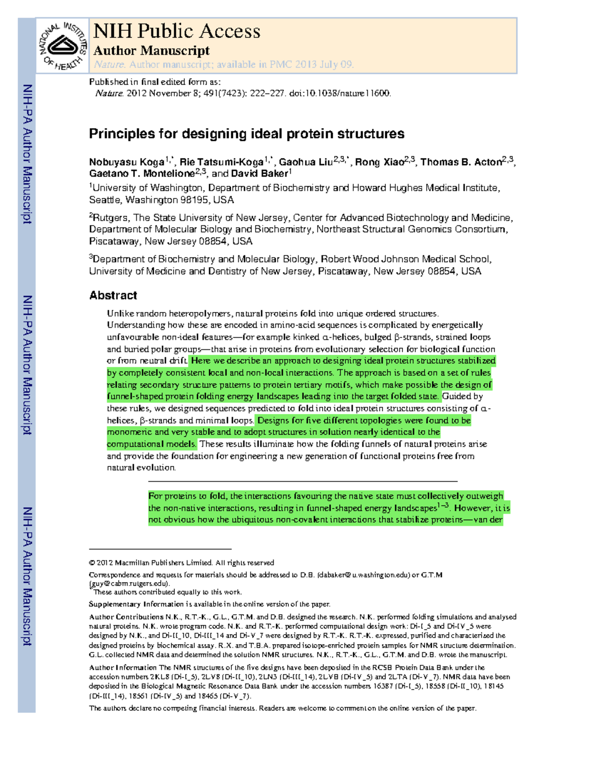 NIH Public Access Author Manuscript: Designing De Novo Proteins - Studocu