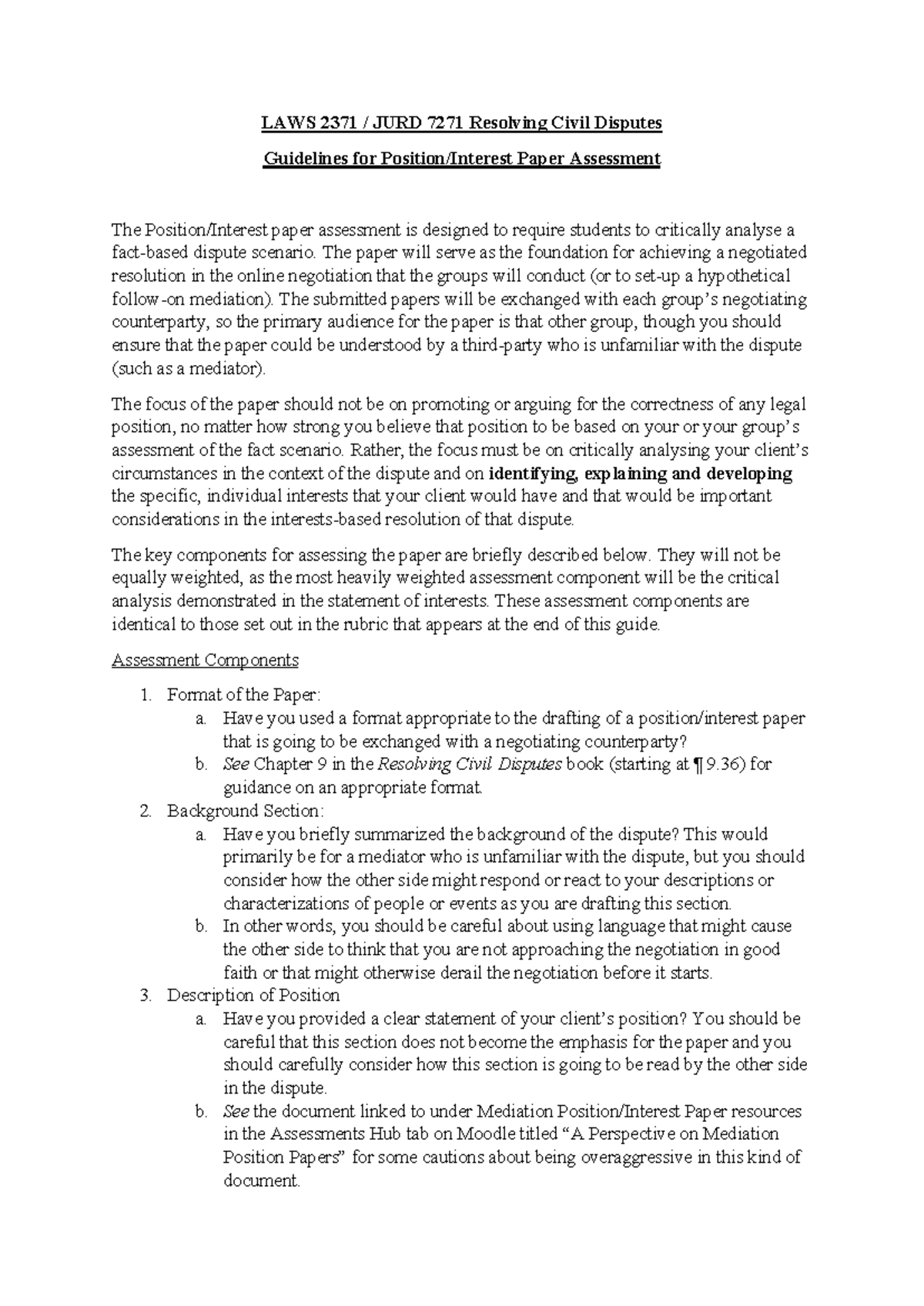 LAWS 2371 JURD 7271 Position & Interest Paper Guidelines for Assessment ...