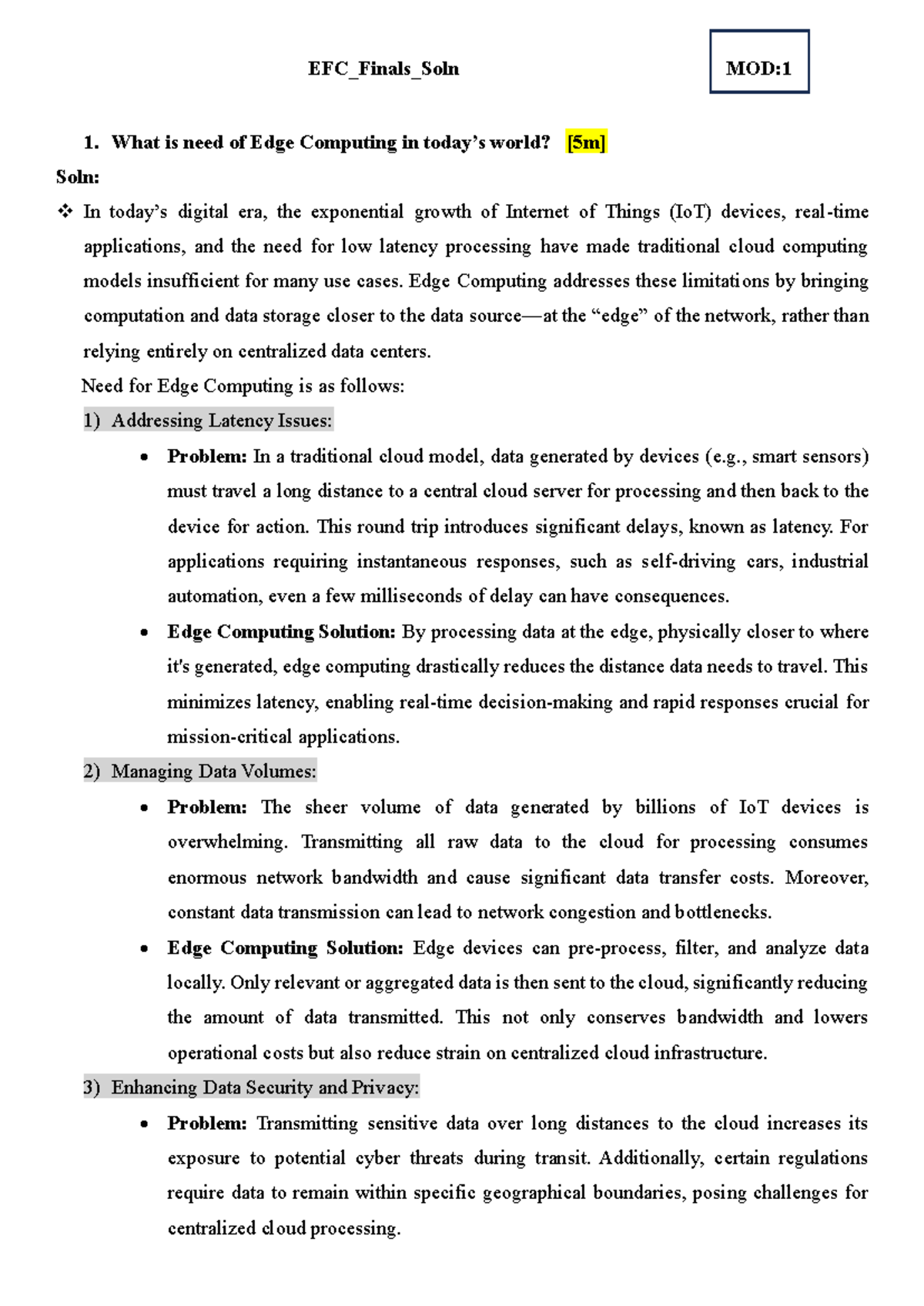 EFC 1 - Solutions to Previous Year Questions on Edge & Fog Computing ...