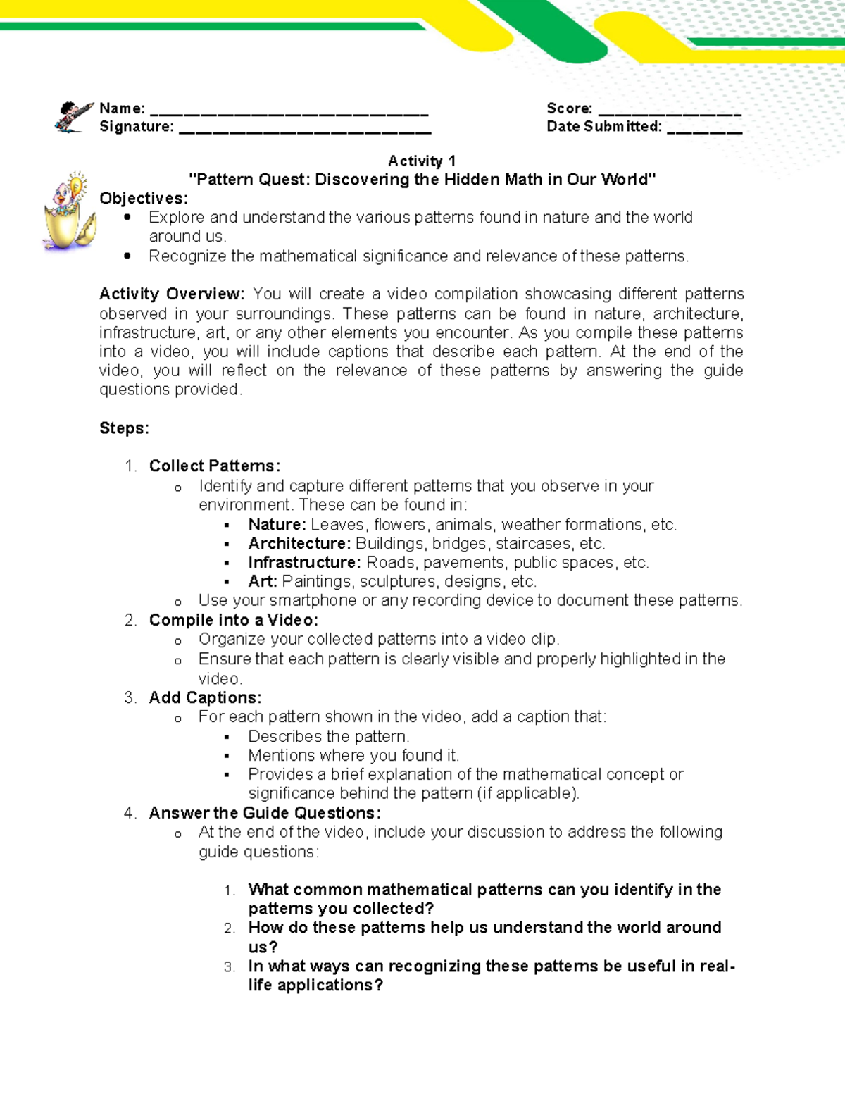 Activity 1 - Pattern Quest: Discovering Math in Modern World - Studocu
