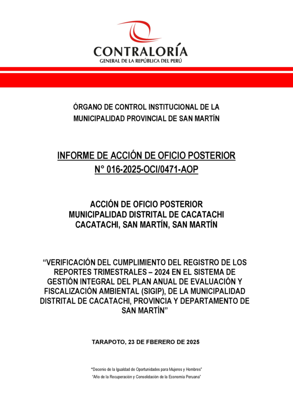 Informe de AOP N° 016-2025: Cumplimiento de Reportes Trimestrales 2024 ...